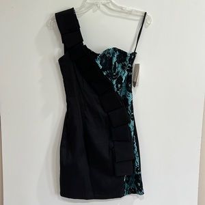 Jessica McClintock Black Blue Floral One Shoulder Ruffle Dress